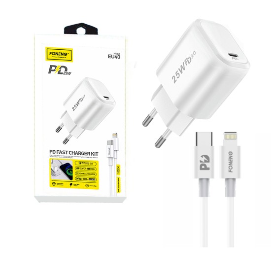 Foneng Fast Charger Adaptor EU40 with Type-C to Lightning Cable PD 25W White